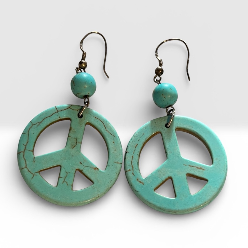 Turquoise Colored Howlite Peace Sign Fishhook Earrings Festival Ready
